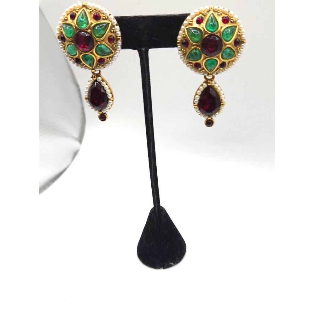 Vintage 1980s Runway Statement Earrings Ruby Emerald Glass Gold Tone Clip On
